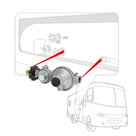 Horizontal Two Stage Propane Regulator With POL Connection For RVs Vans Trailers Campers, 160000 BTU HR Output, installation view