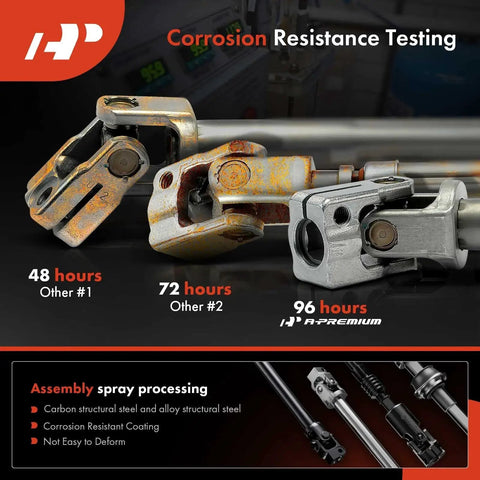 Corrosion testing of lower steering shaft with U joint for Ford F150 2009 2010 and Expedition showing three different coatings.