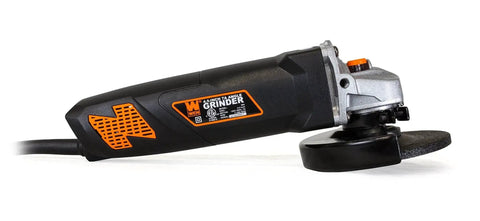 Side view of a Powerful 7 Amp Angle Grinder With A Four And A Half Inch Wheel, 11,000 RPM, Lightweight Design With Rubber Grip, WEN logo.