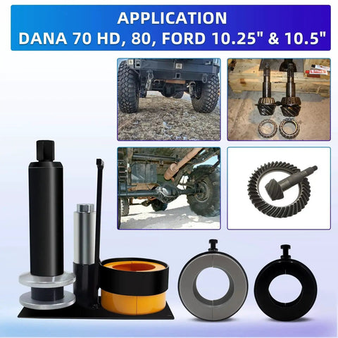 Clamshell Carrier And Pinion Bearing Puller for BW78 Dana 70 HD 80 Ford 10.25 10.5 inch bearings with visual application examples