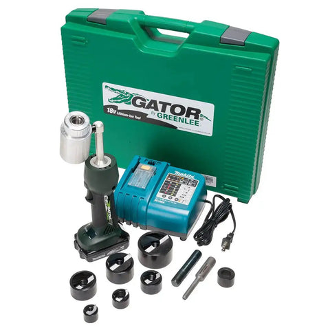 Battery-Powered Knockout Punch Driver Tool Kit With 1/2 To 2 Inch Capacity, shown with green carrying case and attachments