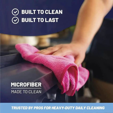 Person using pink microfiber cloth on stove, showcasing Lint Free Microfiber Cloths 12 Pack 12x12 Go To Auto Detailing Glass Windows Screens And Home Cleaning Heavy Duty Rags Washable Over 300 Times Streak Free Finish Pro Grade Towel Set.