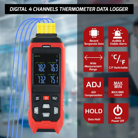 Four-channel digital K-type thermocouple thermometer data logger, red handheld unit with blue probes and LCD display.