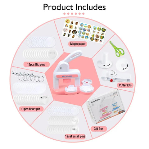 Image of a Three In One Button Maker Kit with 86 sets of parts including pins, badges, keychains, stickers, cutter, and scissors in pink color.