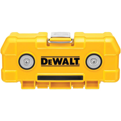 Front view of yellow case from Impact Driver Bit Set With Magnetic Tough Case, 15-Piece Carbide Tipped Bits, Pro Grade And Heavy Duty Kit With Two High Strength Magnets For Ferrous Surfaces, Built In Hooks For Hanging, Durable Case For On The Job.