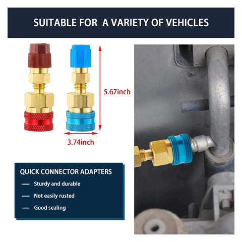 Two brass quick-connect adapters with red and blue caps for R1234YF to R134A conversion, high/low side AC charging