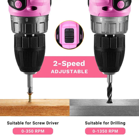 Pink Cordless Drill Kit With Battery And Charger, 20V Electric Power Drill For Women, 2-Speed Settings, Suitable For Wood and Metal