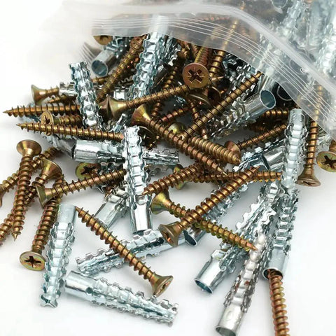 10 Pieces Carbon Steel Drive Anchors With Screws Tree Shaped Hollow Wall Anchors For Drywall And Furniture Repair Durable Metal Expansion Screws 3.5 Cm Length For Stronghold And Long Lasting Installations, shown in a pile with gold and silver tones, packaged in clear bag.