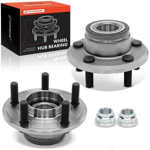 Two Front Wheel Bearing And Hub Assembly Set Direct Fit For Dodge Challenger Charger Magnum And Chrysler 300 2005 Through 2014 RWD Vehicles With Ball Bearing High Load Capacity Replacements with steel studs and nuts visible.
