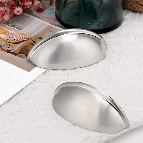 5 Pack Brushed Nickel Cup Cabinet Pulls With 3 Inch Hole Centers And 3.7 Inch Overall Length Zinc Alloy Drawer Handles, close-up view