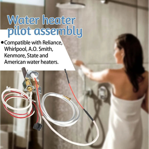 Water heater pilot assembly parts kit with red and white wires and clear tubing for Whirlpool 300/301 series.