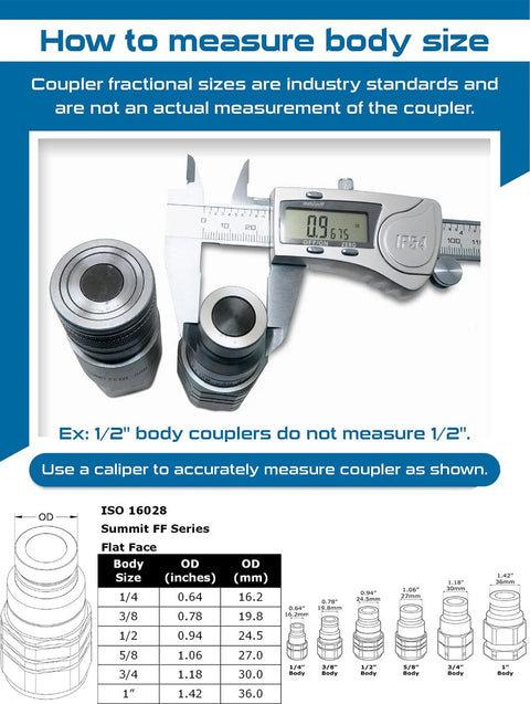 Two Summit Hydraulics 3/8 in flat-face hydraulic quick-connect couplers with dust caps, 3/8 in NPT threads