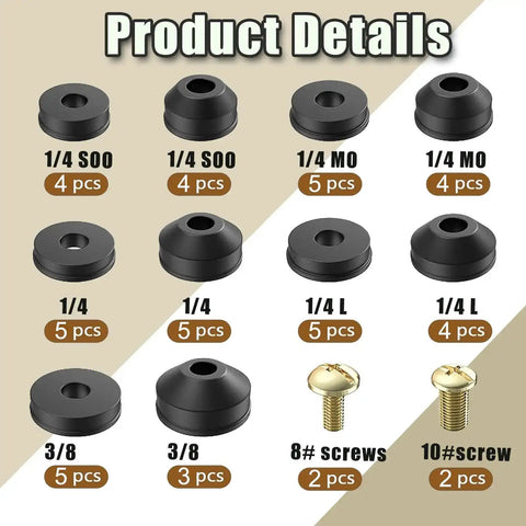 48 Piece Outdoor Faucet Washer Kit With Brass Screws And Flat And Beveled Washers for faucet repairs, various sizes shown.