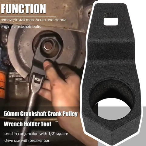 Harmonic Balancer Socket Tool 19mm for Honda with Half Inch Drive in use for Acura crankshaft bolt removal with 50mm wrench holder.