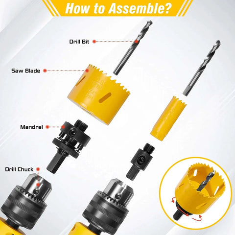 Assembly guide for Bi Metal Hole Saw Kit 19 Piece Set M42 Steel With Holes From Three Quarters Inch To Four And Three Quarters Inches
