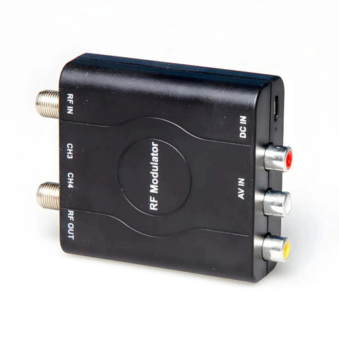 Coaxial RF Modulator And AV To RF Converter for classic gaming, showing inputs for Composite AV, CH3/CH4, RF out, PS2, PS3, PS4, DVD, VCR.