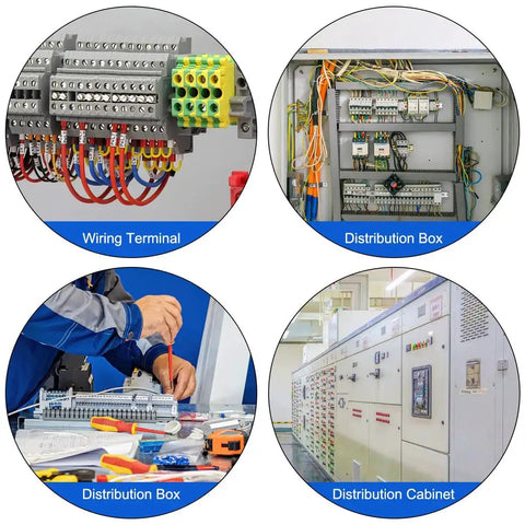 Multiple electrical panels and equipment with Beefy Durable Aluminum DIN Rails Top Hat Slotted 6 Inch Length and screws visible.