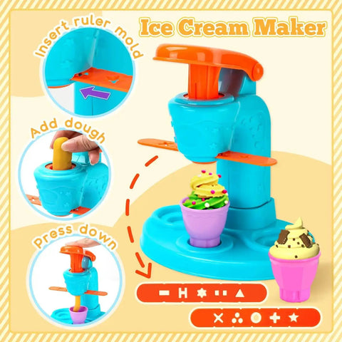 Toy ice cream maker from 59 Piece 3 In 1 Dough Set For Kids Ages 3 To 8, showing noodle maker, molds, and dough tools.