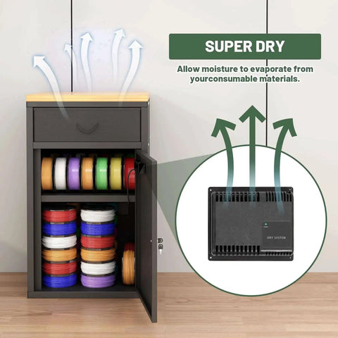 180L 3D Printer Filament Storage Cabinet With Built In Dehumidifier For 40 Rolls Nylon PLA ABS TPU Industrial Sealed Dry Cabinet Keeps Humidity In Check Like A Boss With 60W Drying Power And Under 8W Avg Energy Use Black, open showing filament rolls and dehumidifier function