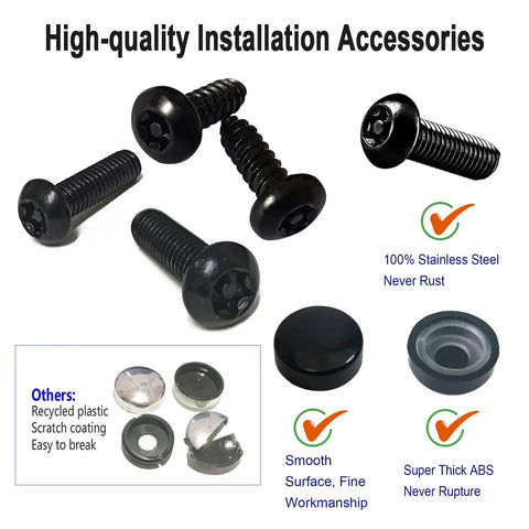 Anti Theft Stainless Steel License Plate Screws Set With Matte Caps And Locking Bolts For Front And Rear Car Tag Mounts Rustproof 304 Stainless M6 One Quarter Inch Includes Nuts Inserts And Rattle Proof Pads visible with stainless screws and caps.