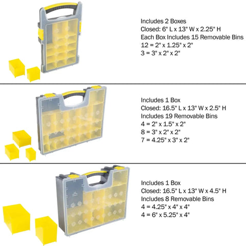 Set Of Four Plastic Clear Top Tool And Parts Organizer Box Set For Grab And Go Garage, Workshop, And Craft Room With Three Size Compartments In Yellow And Black Durable Clear Lids For Easy Visibility And Quick Access, showing boxes with removable bins.