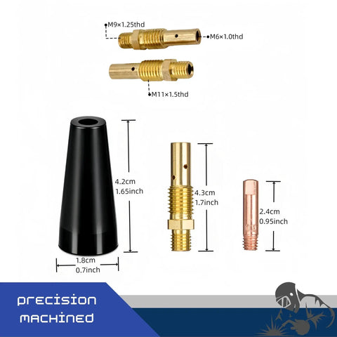 24Piece Flux Core Gasless MIG Welding Kit With 0.030 Tips, Nozzles And Diffusers displayed with dimensions.