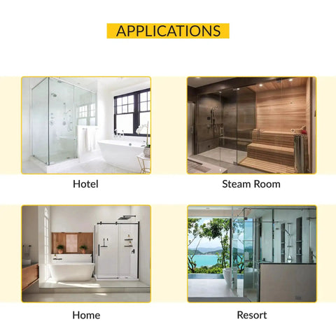 Applications for Adjustable Square Glass To Wall Clip With Solid Forged Brass Construction And Antique Copper Finish shown in hotel, steam room, home, resort.