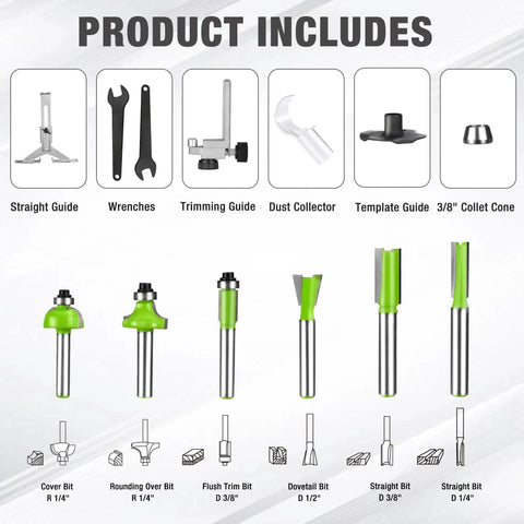 Components of Compact Router Kit With 6.5 Amp Corded Hand Trimmer For Woodworking, including bits, guides, and wrenches.