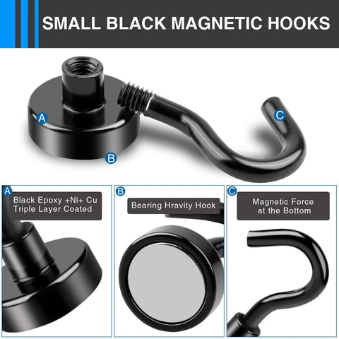 Small black magnetic hooks with triple layer coating, gravity hook, and magnetic force at the bottom for secure hanging.