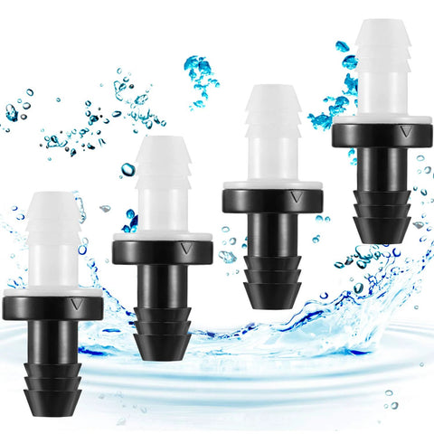 Inline one-way check valves, ABS, plug-in, 3/8 in (10 mm); white top, black body, four pieces.