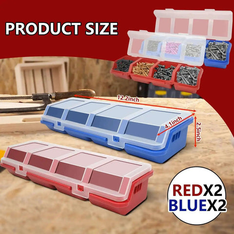Four Piece Screw And Nail Organizer Set With Lids, showing stackable plastic divided storage bins for garage or workshop tool use.