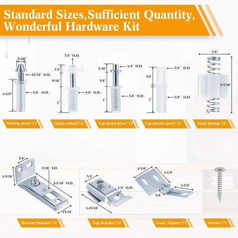 12 Pack Bifold Door Hardware Kit For Closet Doors Replacement Parts Including Track With Guide Wheel For Seven Eighths To One Inch Size Three Eighths Inch Pivot Top And Bottom Brackets For Folding Sliding Barn Doors displayed with components and sizes.