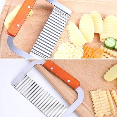 Stainless Steel Wavy Crinkle Cutter For Potatoes And Vegetables 1 Piece Kitchen Tool Durable Veggie Slicer next to crinkle-cut potatoes