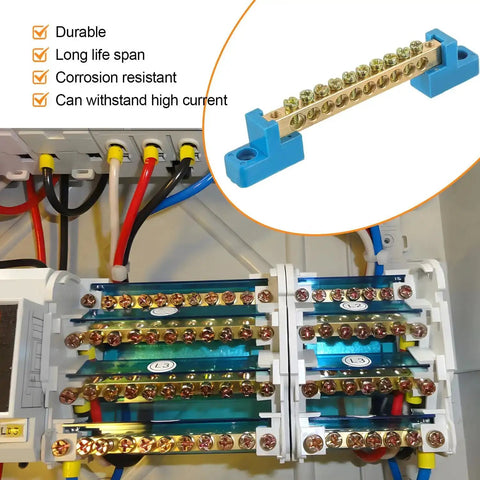 Grounding Bus Bar 10 Positions Brass Wire Screw Terminal Block For Marine Industrial Gear And Distribution Cabinets Pack Of Four With M4 Screws Included installed in a distribution cabinet.