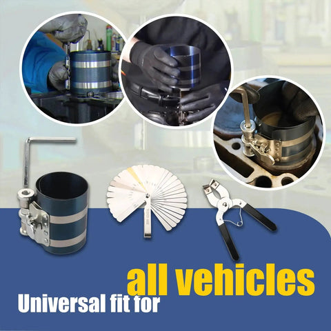Universal Beefed Up Piston Ring Compressor Tool Kit For Car Engine Three Inch Four Inch And Six Inch Size Range shown in use on engine.