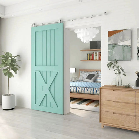 5.5 Foot Stainless Steel Sliding Barn Door Hardware Kit With Top Mount Heavy Duty Track System For Single Wood Door T Style
