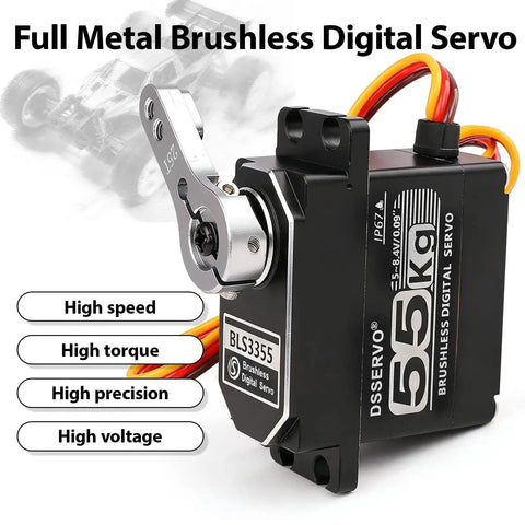 Full metal brushless digital servo with high speed, high torque; labeled BLS3355; for RC cars; waterproof heavy duty design