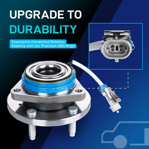 Close-up of front wheel hub bearing assembly 2-pack for Chevy Impala 2000-2011 with ABS sensor cable and bolts