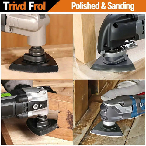 121 Pack Oscillating Saw Blades Kit All In One With Titanium Blades Sandpaper And Sanding Pads multitool in use on wood surfaces