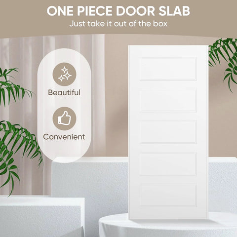 Front view of 5-panel bypass sliding closet door with steel frame, white primed finish, ideal for remodel, includes track hardware.