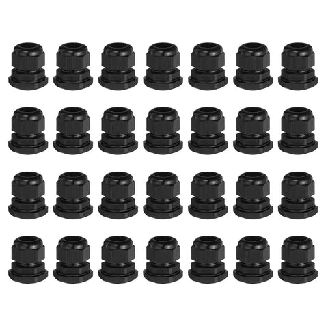 30 Pcs M25 Cable Gland Set For 12 To 15mm Wire Holes Waterproof Nylon Joint, black cable glands arranged in rows