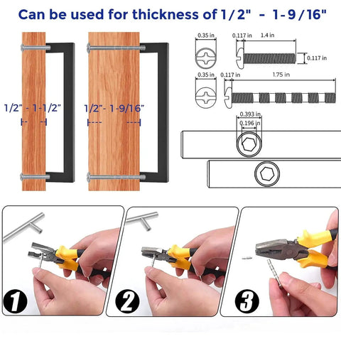 Installation diagram and tools for 30 Pack Square Cabinet Handles In Matte Black Stainless Steel For Kitchen Drawers, 6 1/4 Inch Center To Center Cabinet Hardware, Durable Drawer Pulls For Quick Replacement And Modern Renovation.