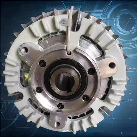 Front view of shell-type hollow-shaft magnetic powder brake; silver metal housing with cooling fins and mounting flange.