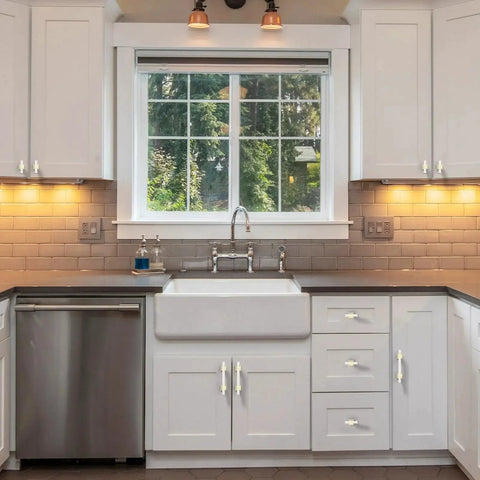 Bright kitchen with white cabinets featuring 10 Pack 3 Inch Cabinet Pulls Brushed Satin Nickel T Bar Drawer Handles for Cabinets Nickel Hardware.