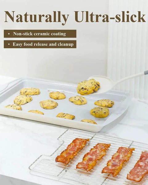 Nonstick Crisp Baking Tray With Wire Rack 15x10 Jelly Roll Pan Ceramic Coating in use with cookies and bacon