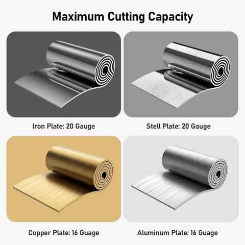 Pro Grade Drill Plate Cutter Attachment cutting capacity: Iron 20 gauge, Stell 20 gauge, Copper 16 guage, Aluminum 16 guage.