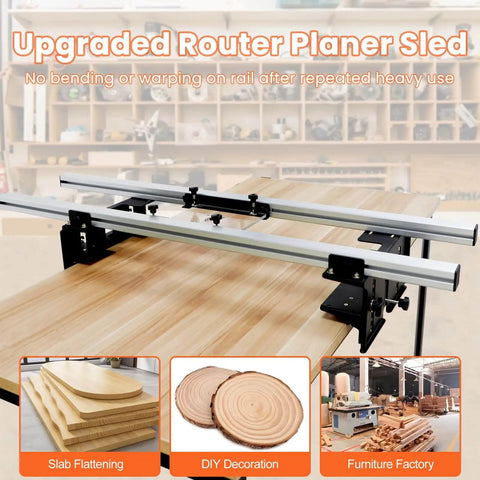 47.2 Inch Router Sled For Flattening Slabs, 3 Axis Adjustable, aluminum on wood slab for leveling in woodworking workshop