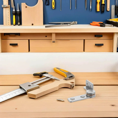 Workshop table with tools and No Brainer 304 Stainless Steel Damping Torque Hinges With Soft Close Positioning For Cabinets And Equipment Doors