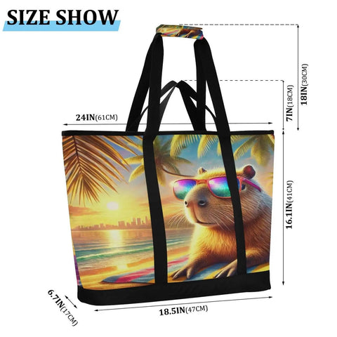 Capybara Beach Tote Bag For Women with Zipper Insulated Cooler Bag, foldable, featuring capybara design and tropical sunset scenery.