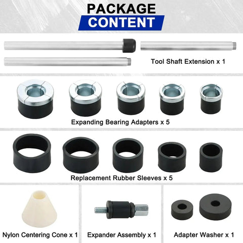 Universal Cam Bearing Tool Kit, 16-Piece Set parts display including adapters, tool shaft, sleeves, centering cone, and expander.